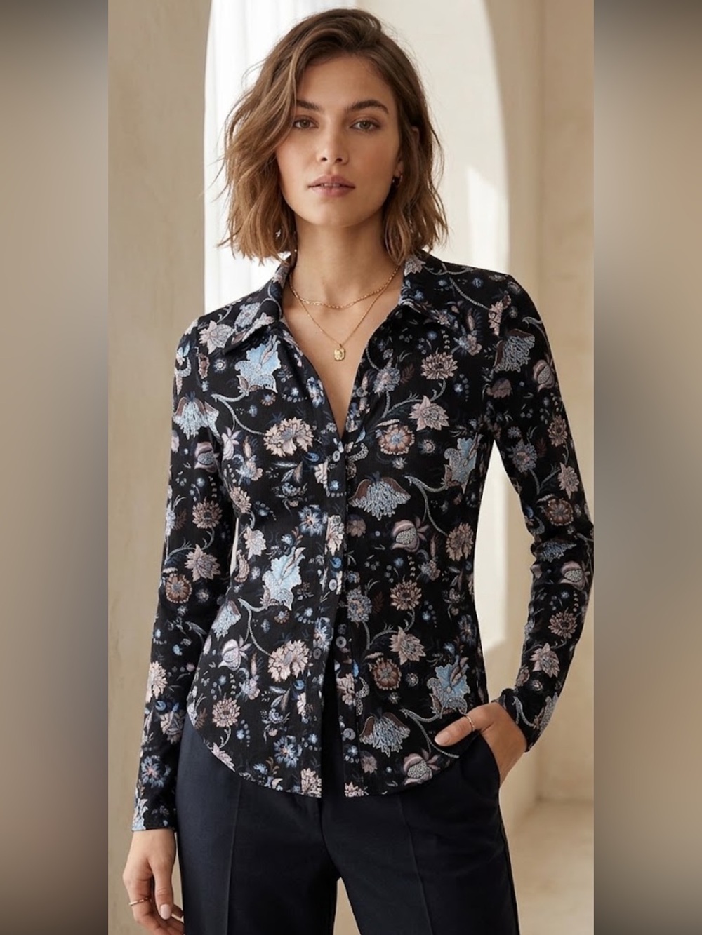 Aritzia WILRED Black Floral Lyocell Jersey Button-Front Shirt  NWT 17”-19” PTP
